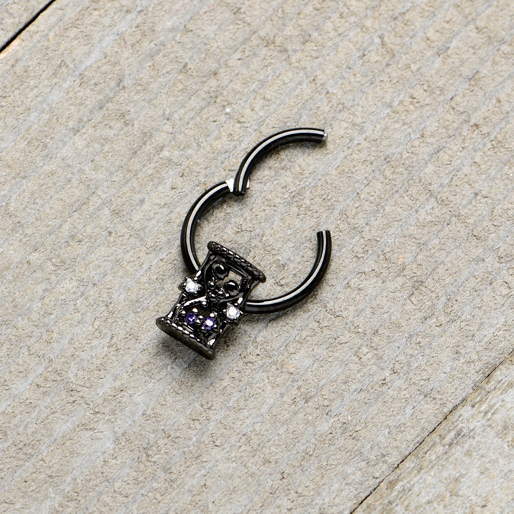 16G 3/8 Purple Gem Black Heart Goth Hourglass Hinged Segment Ring