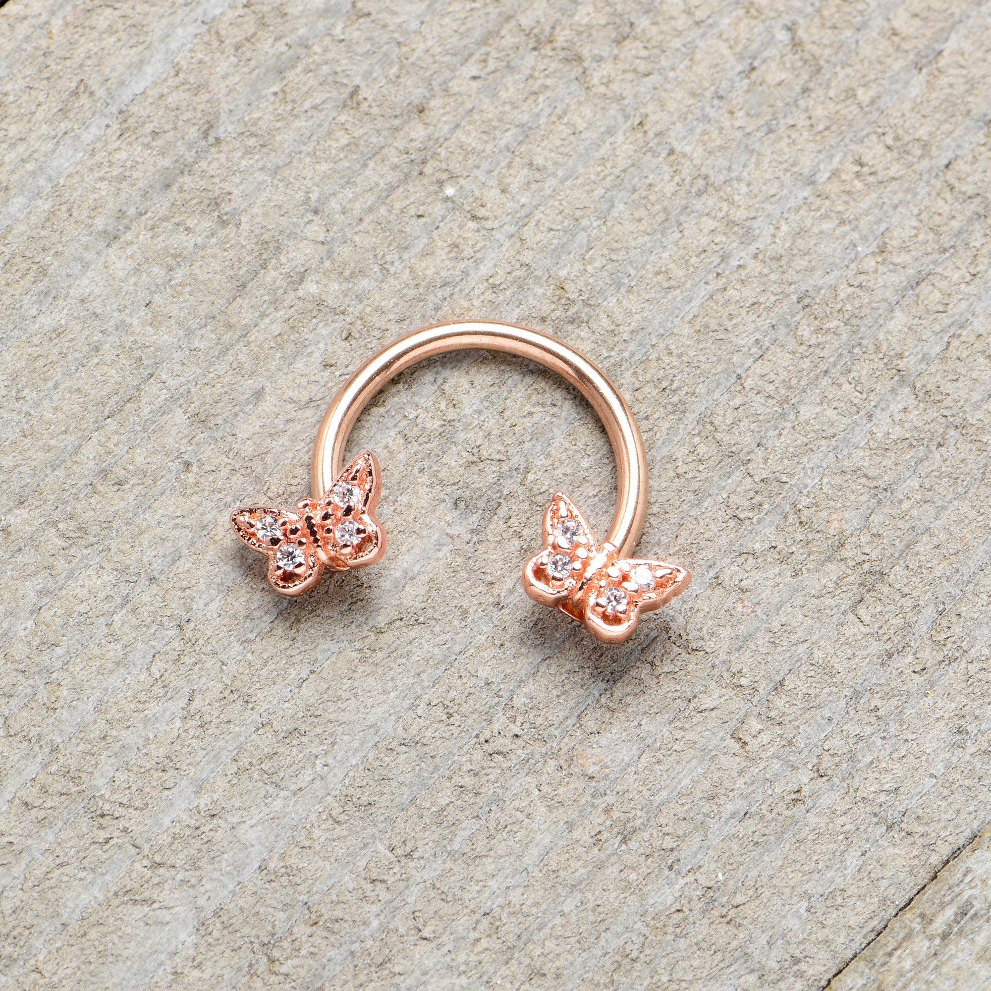 16G 3/8 Clear Gem Rosy Tone Butterfly Horseshoe Circular Barbell