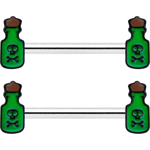 14G 9/16 Poison Green Bottle Glow in Dark Barbell Nipple Ring Set