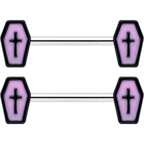 14G 9/16 Creepy Coffin Lt Purple Glow in the Dark Nipple Ring Set