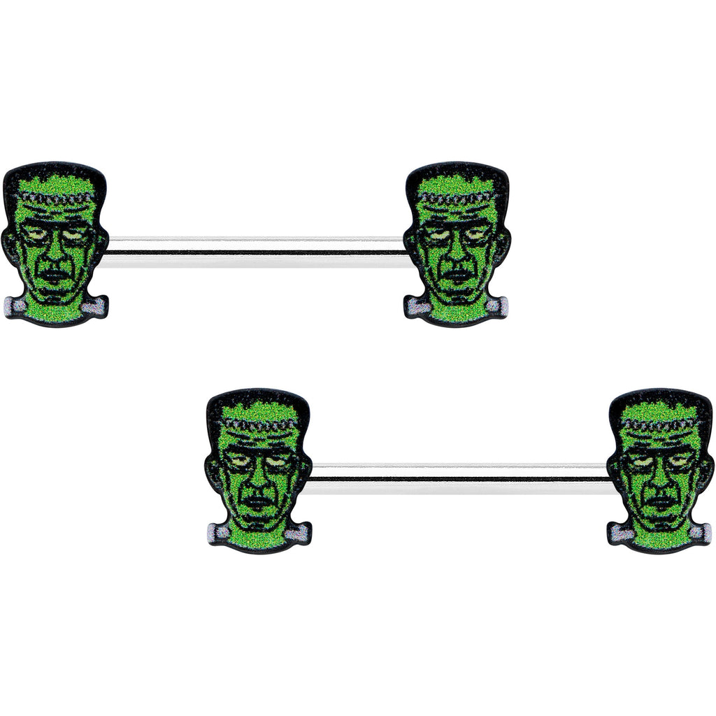 14G 9/16 Frankenstein Head Green Glow in the Dark Nipple Ring Set
