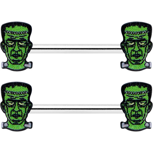 14G 9/16 Frankenstein Head Green Glow in the Dark Nipple Ring Set