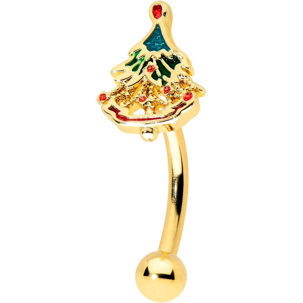 16G 5/16 Red Gem Gold Tone Deco Holiday Tree Curved Eyebrow Ring