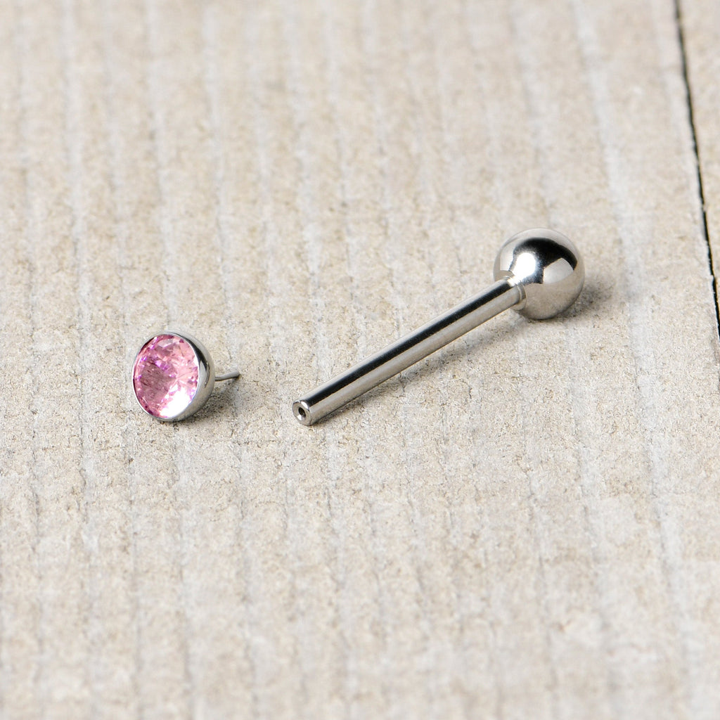 Pink CZ Gem ASTM F-136 Implant Grade Titanium Threadless Barbell Tongue Ring