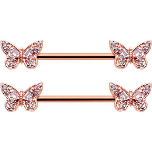 14G 9/16 Clear Gem Rosy Tone Baroque Butterfly Nipple Ring Set