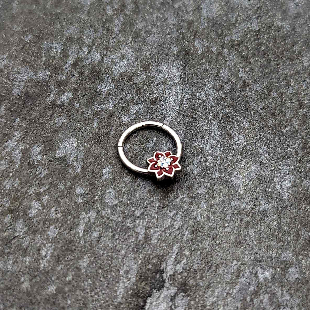 16G 3/8 Aurora Gem Poinsettia Flower Festive Hinged Segment Ring