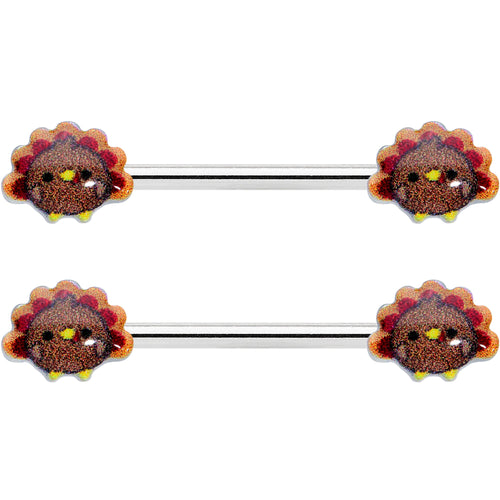 14G 9/16 Cute Colorful Turkeys Barbell Nipple Ring Set