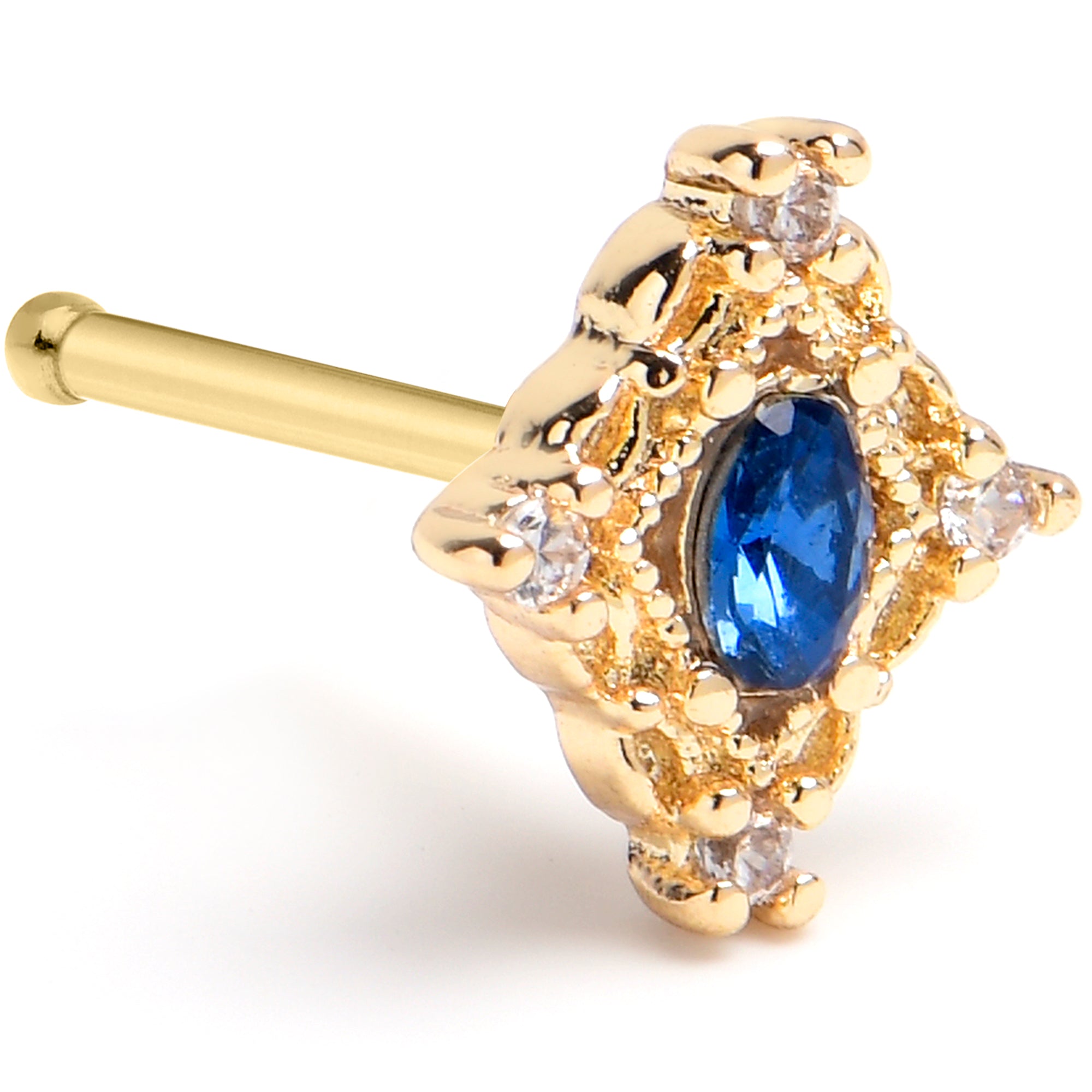20G 1/4 Blue Gem Gold Tone Rich Rhombus Nose Bone