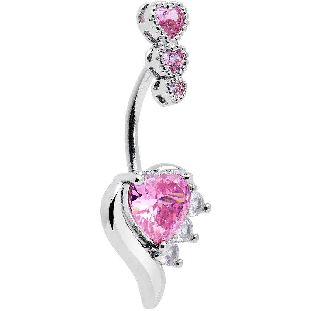 Pink CZ Gem Triple Drop Flare Heart Valentine Double Mount Belly Ring