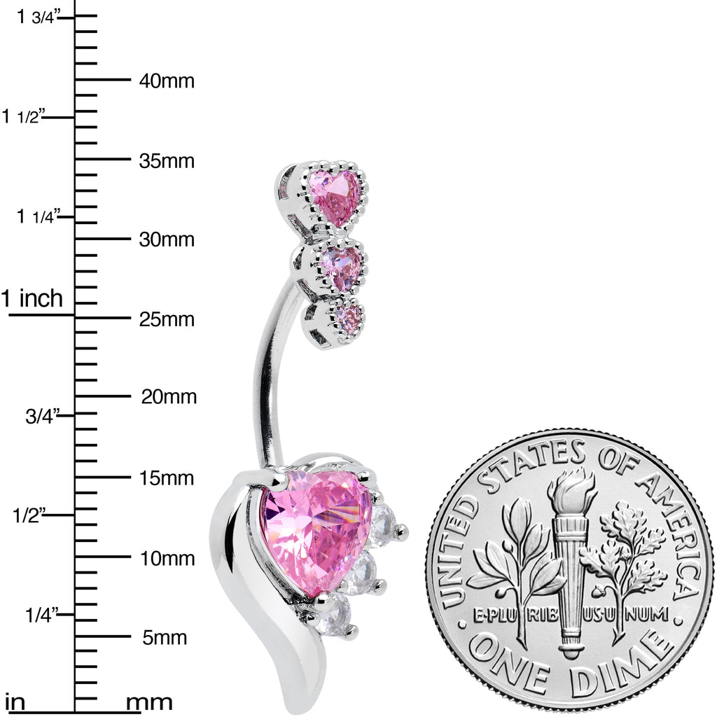 Pink CZ Gem Triple Drop Flare Heart Valentine Double Mount Belly Ring