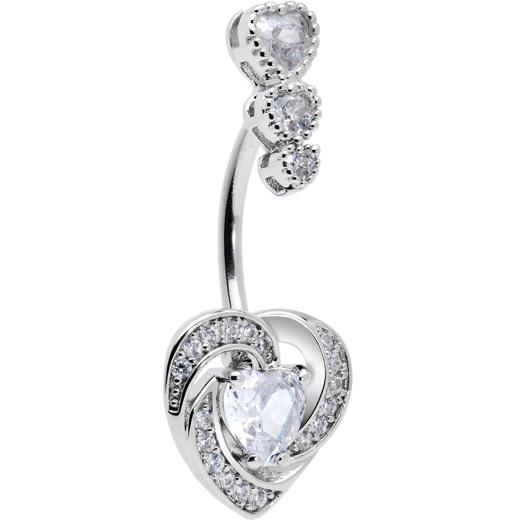 Clear CZ Gem Triple Drop Swirl Heart Valentine Double Mount Belly Ring