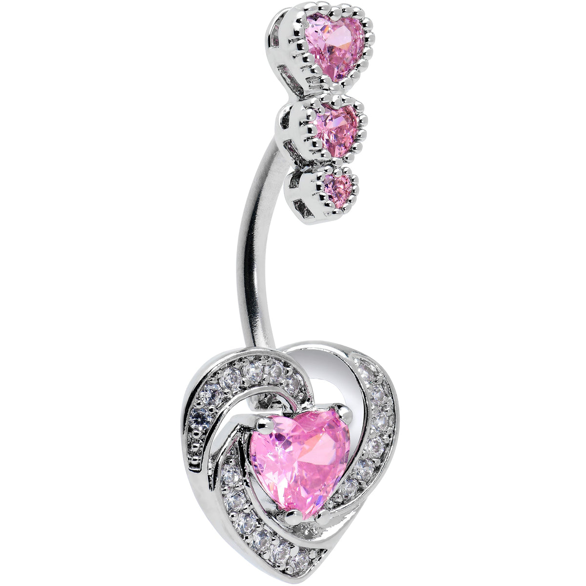 Pink CZ Gem Triple Drop Swirl Heart Valentine Double Mount Belly Ring
