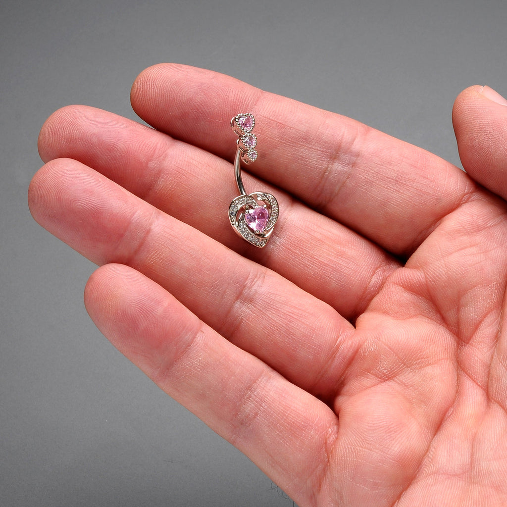 Pink CZ Gem Triple Drop Swirl Heart Valentine Double Mount Belly Ring