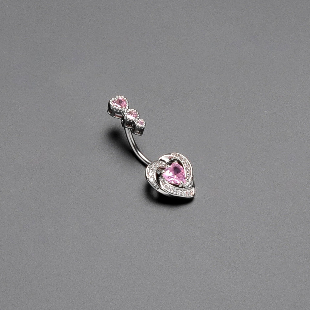 Pink CZ Gem Triple Drop Swirl Heart Valentine Double Mount Belly Ring