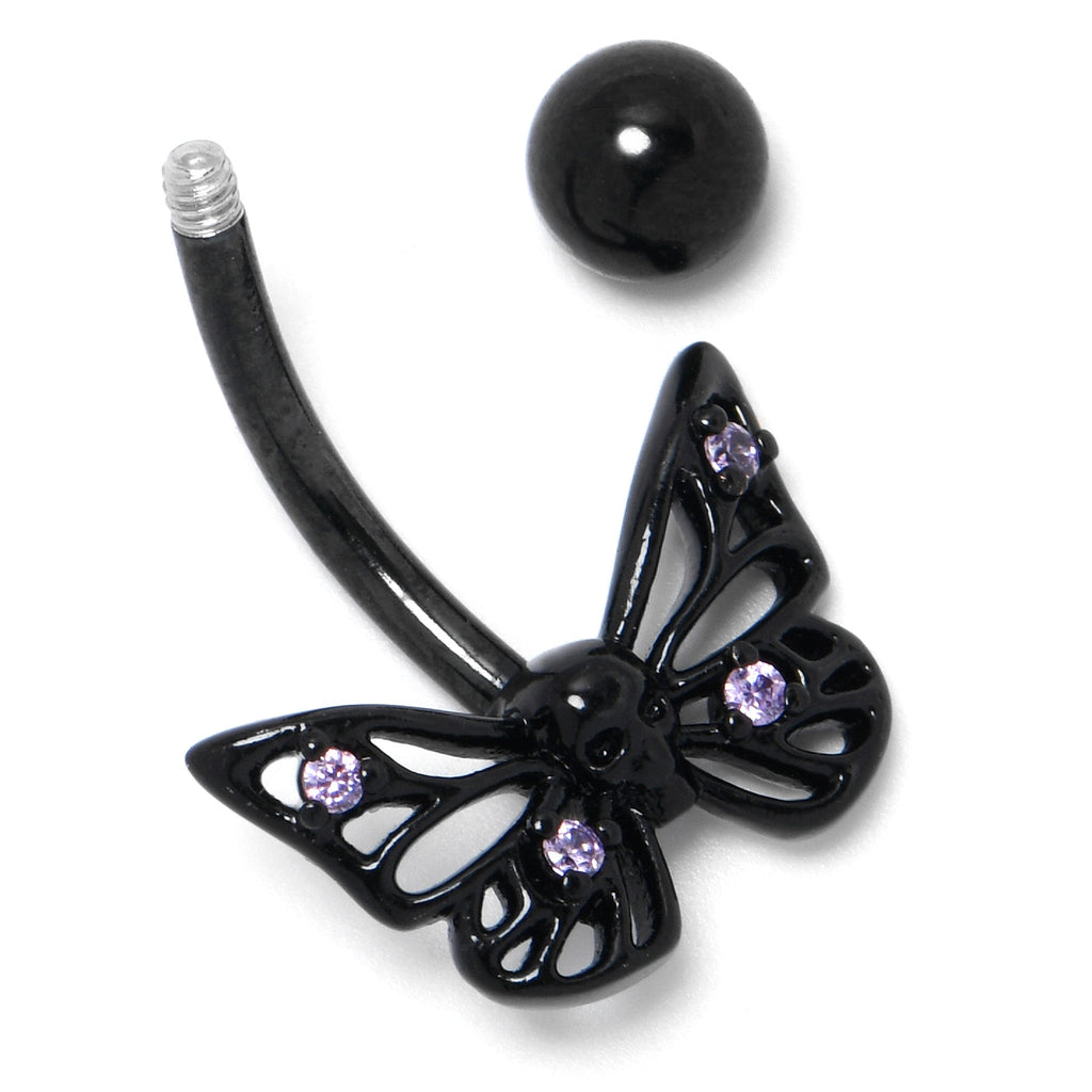 Purple CZ Gem Black Skull Butterfly Belly Ring
