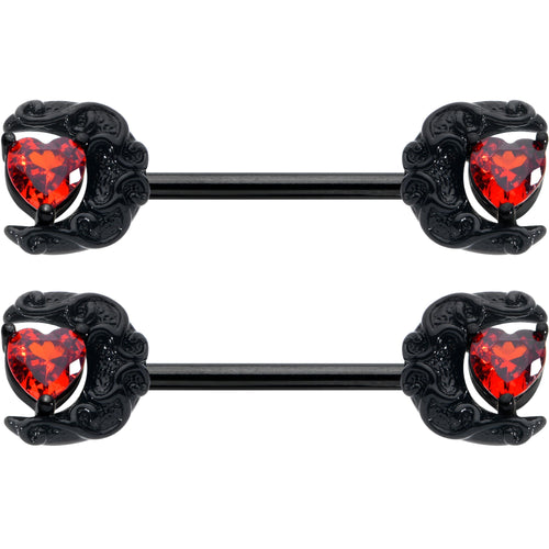 14G 9/16 Red CZ Gem Black Scroll Moon Heart Barbell Nipple Ring Set
