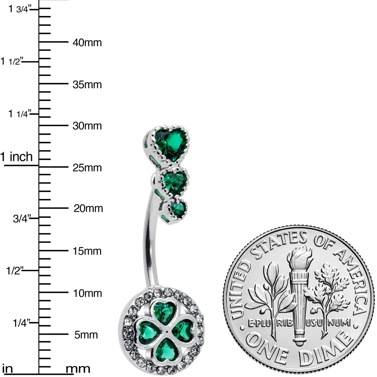 Green Clear Gem Triple Drop Heart Shamrock Double Mount Belly Ring