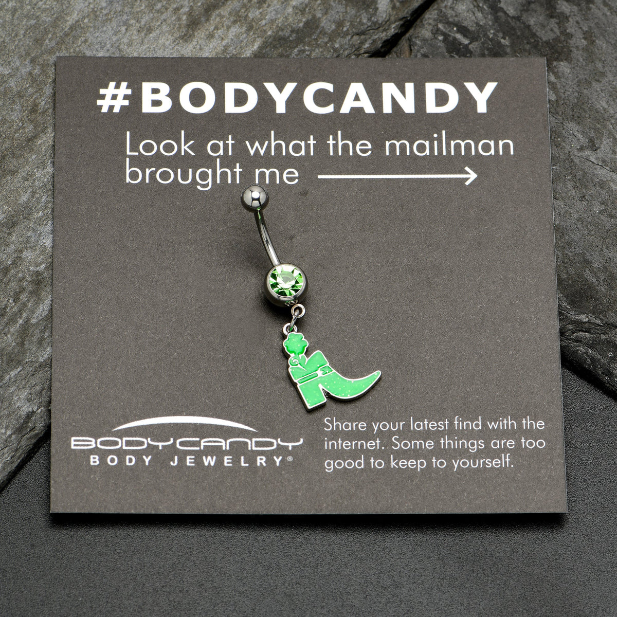 Green Gem Glow in Dark Leprechaun Boot St Patricks Dangle Belly Ring