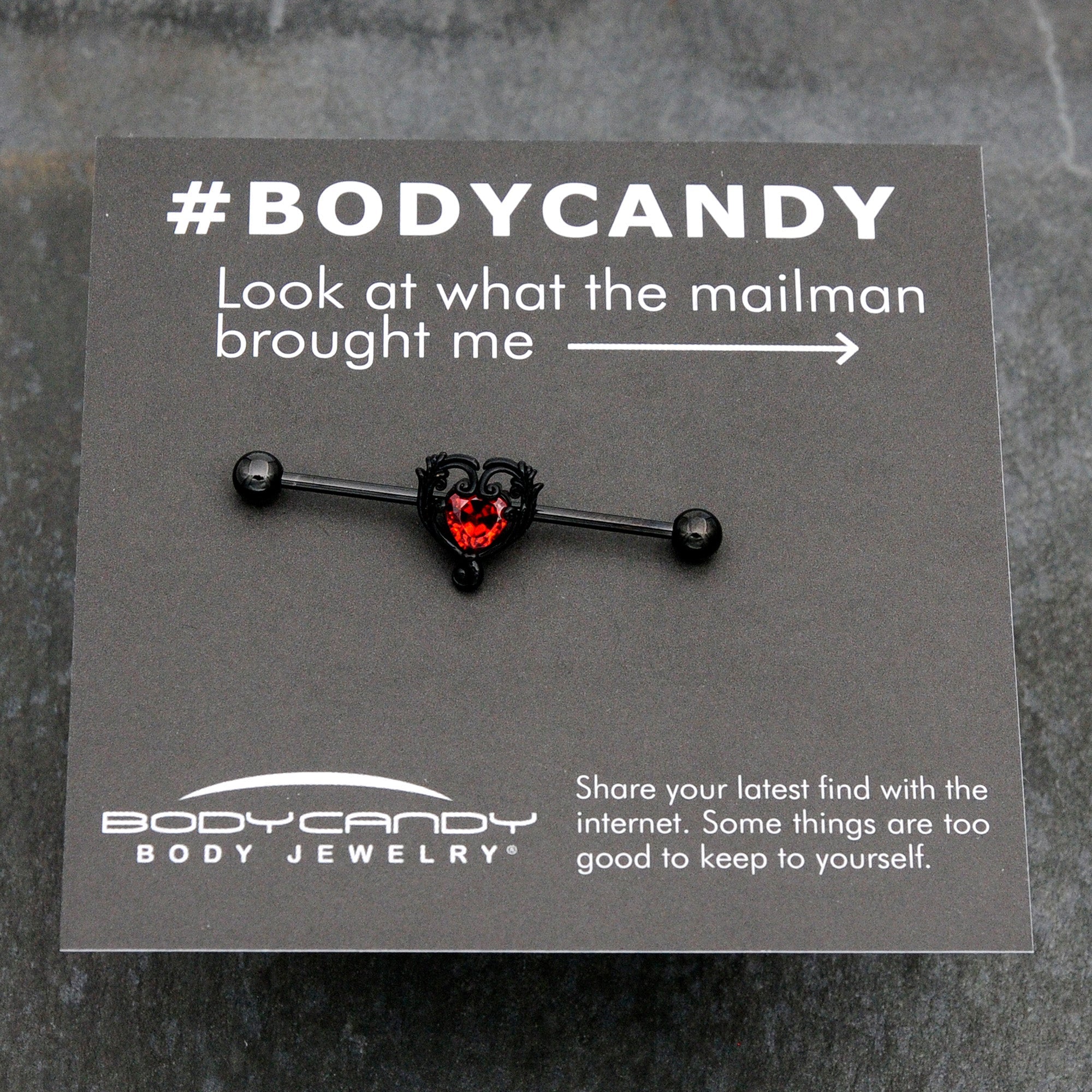 14G Red CZ Gem Black Passion Heart Industrial Barbell 38mm