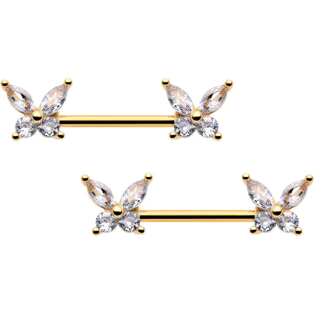 14G 9/16 Clear CZ Gem Gold Tone Butterflies Barbell Nipple Ring Set