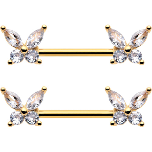 14G 9/16 Clear CZ Gem Gold Tone Butterflies Barbell Nipple Ring Set