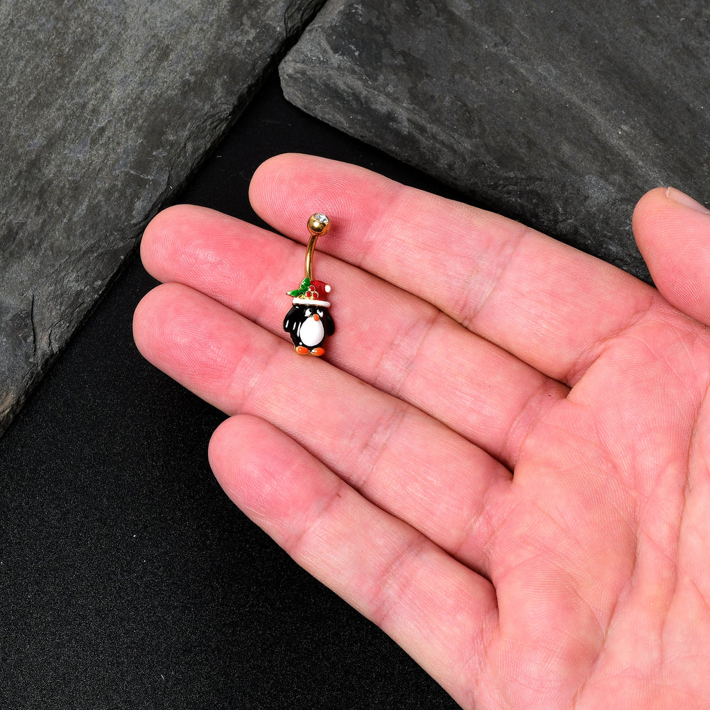 Clear Gem Gold Tone Holly Hat Penguin Holiday Belly Ring