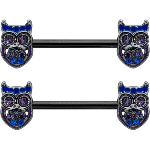 14G 9/16 Purple Blue Gem Black Opulent Owl Barbell Nipple Ring Set