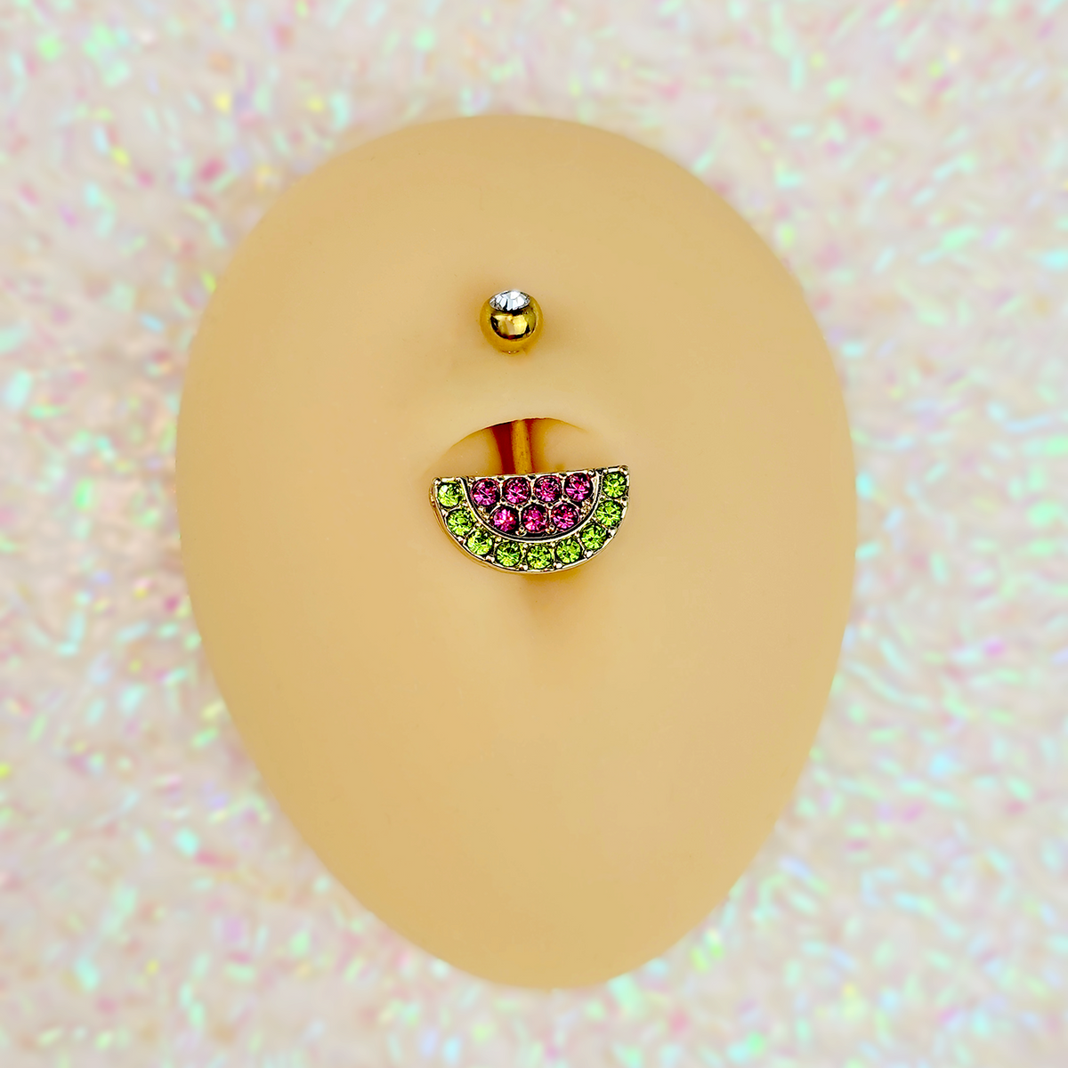 Pink Green Gem Gold Tone Watermelon Yum Belly Ring