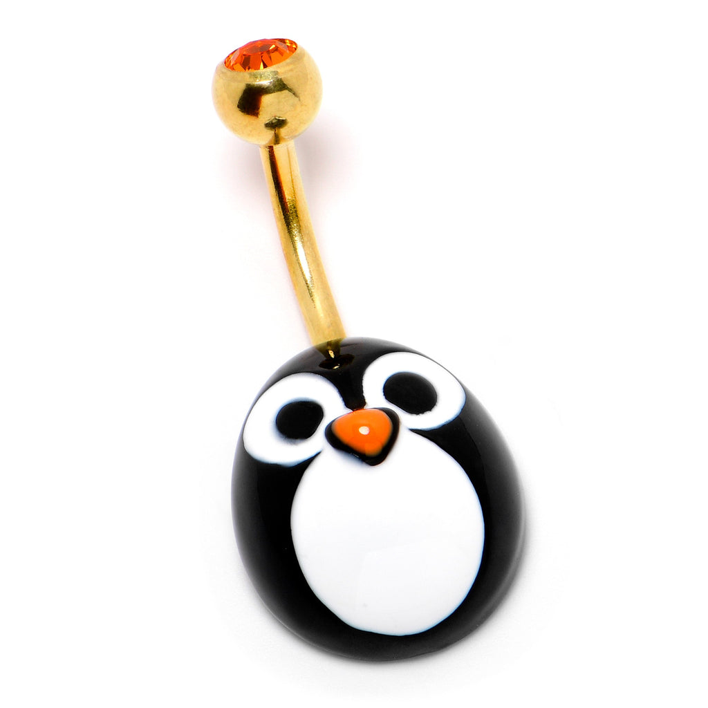 Red Gem Gold Tone Round Face Penguin Holiday Winter Belly Ring
