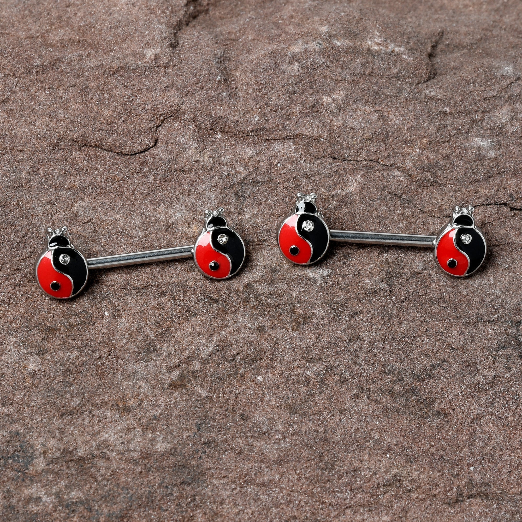 14G 9/16 Clear Gem Ladybug Yin Yang Barbell Nipple Ring Set