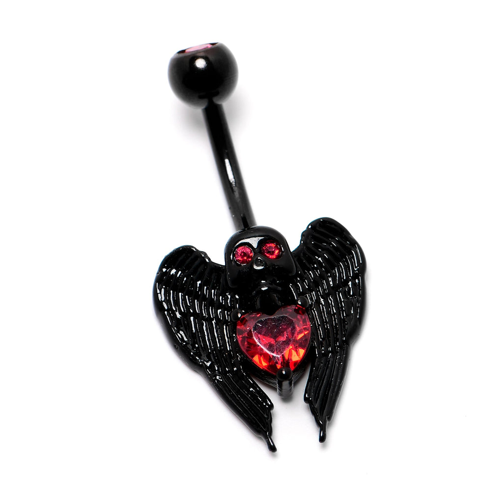 Red CZ Gem Black Heart Winged Skull Gothic Belly Ring