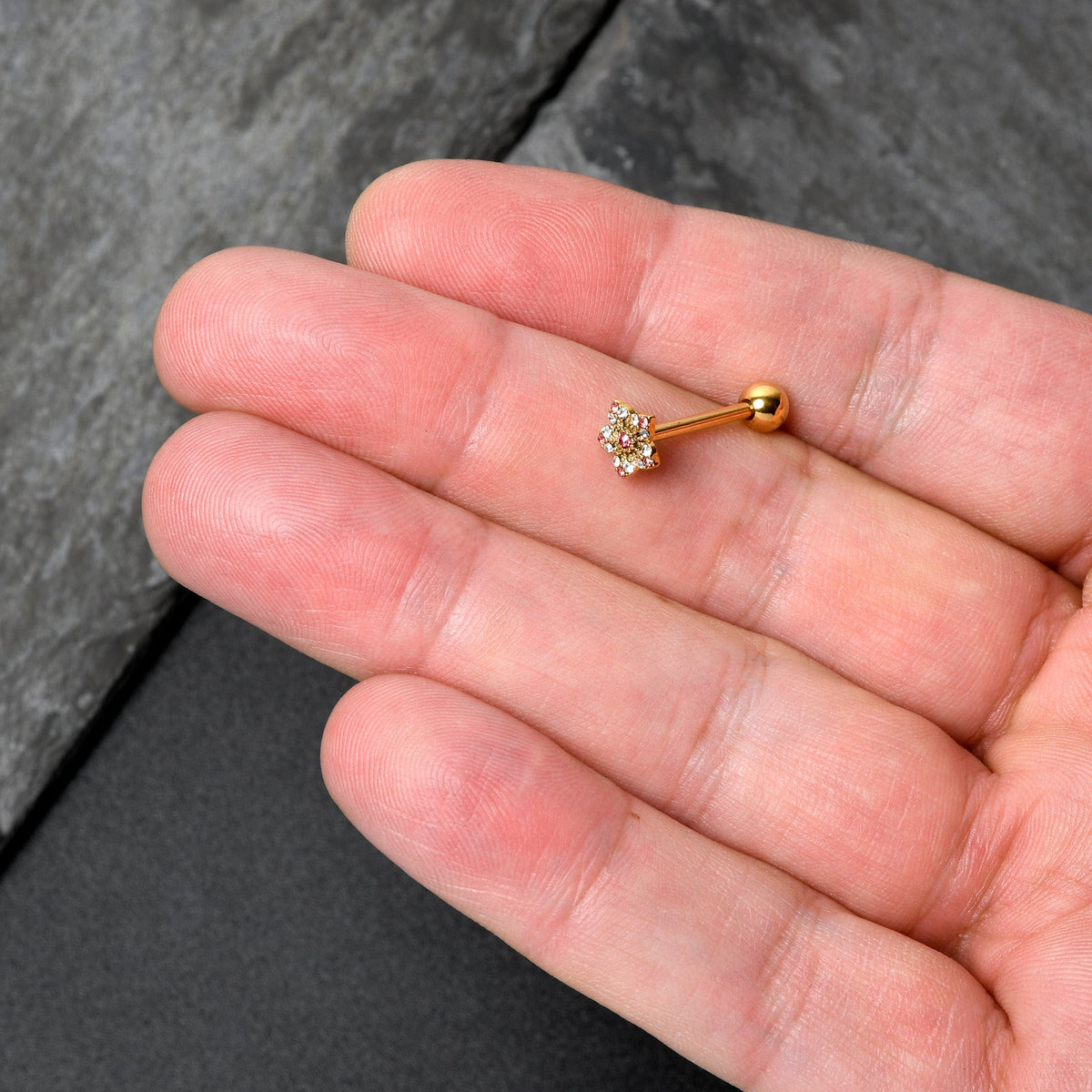 Pink Clear Gem Gold Tone Texture Star Barbell Tongue Ring
