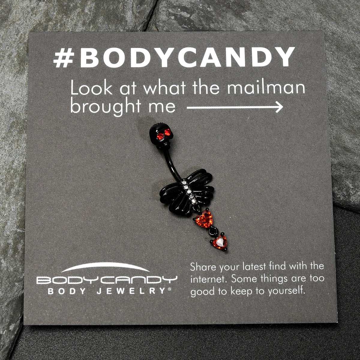 Red CZ Gem Black Skeleton Hearts Gothic Dangle Belly Ring
