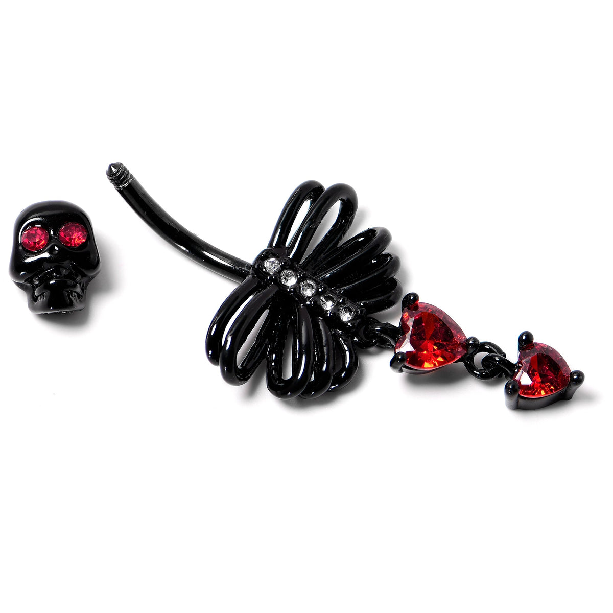 Red CZ Gem Black Skeleton Hearts Gothic Dangle Belly Ring