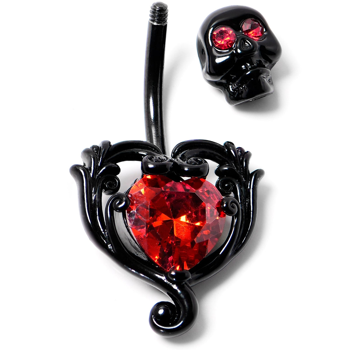 Red CZ Gem Black Passion Heart Skull Double Mount Belly Ring
