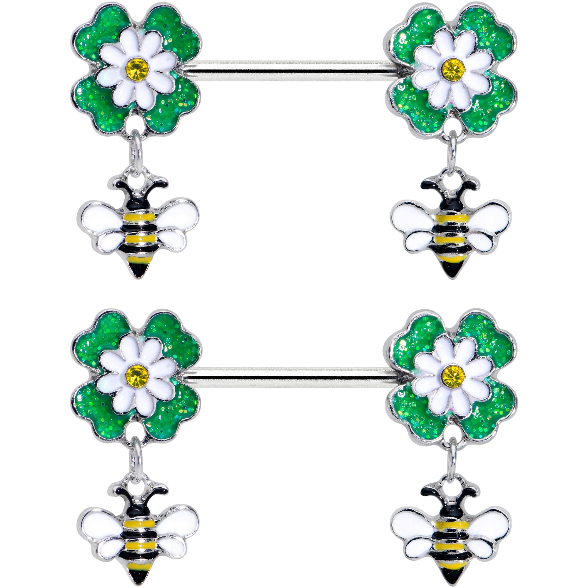 14G 9/16 Yellow Gem Daisy Bee Glittery Barbell Nipple Ring Set