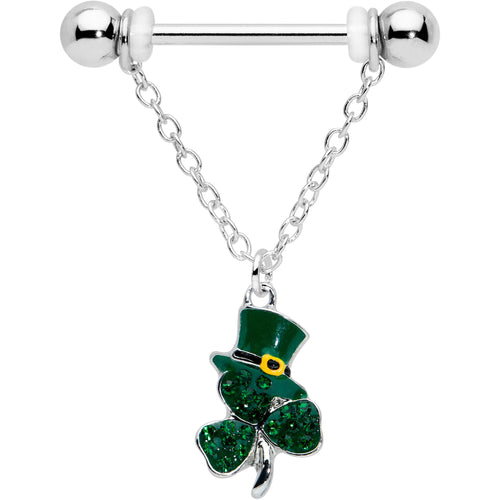 14G 9/16 Green Gem Top Hat Shamrock Chain Dangle Nipple Ring Set