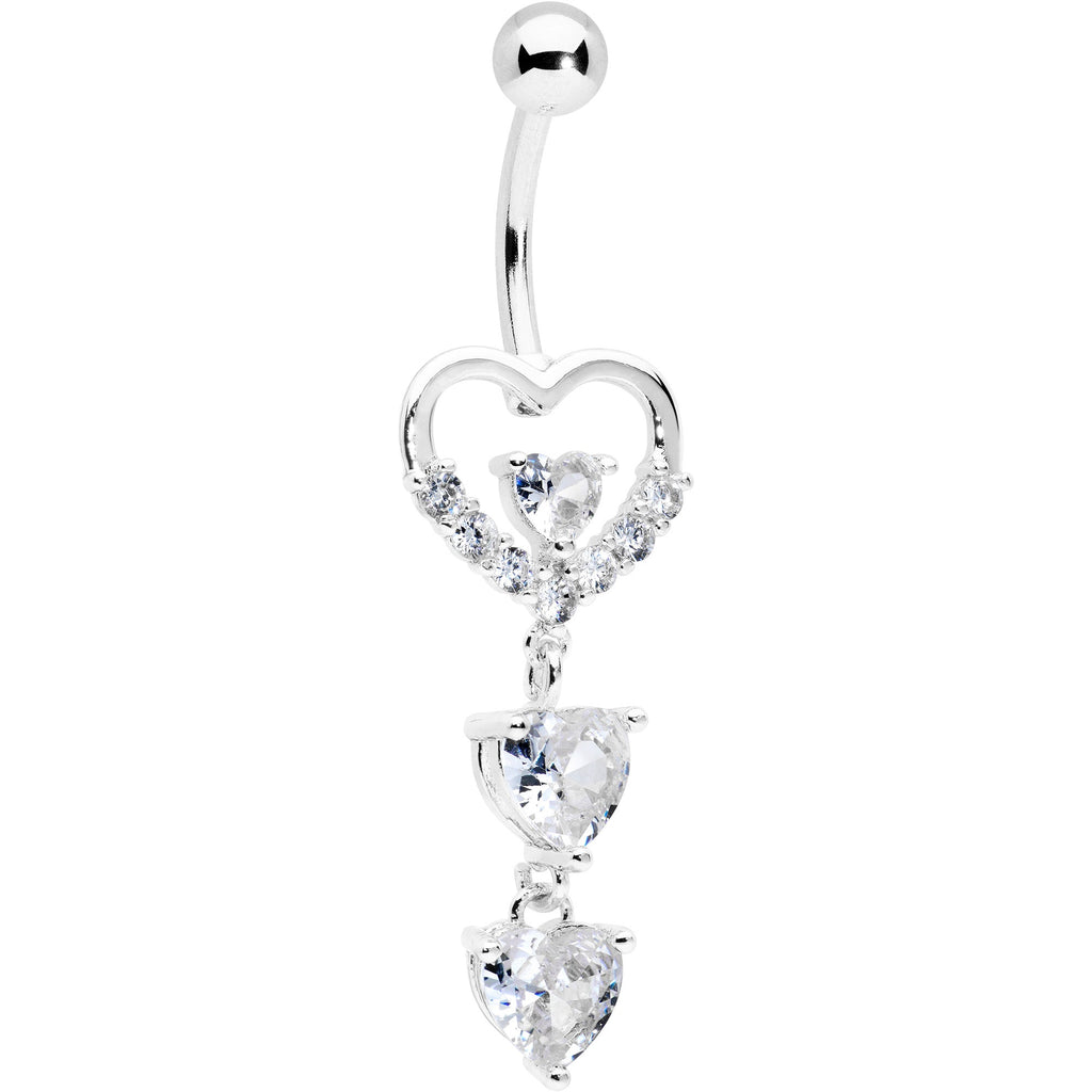 Clear CZ Gem Opulent Heart Quartet Dangle Belly Ring