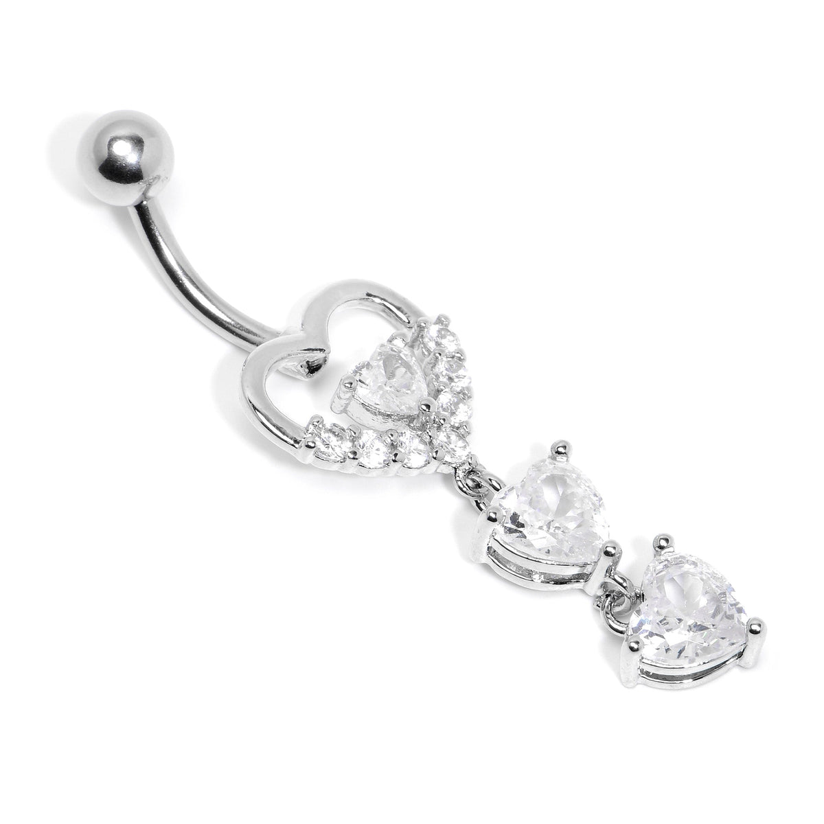 Clear CZ Gem Opulent Heart Quartet Dangle Belly Ring