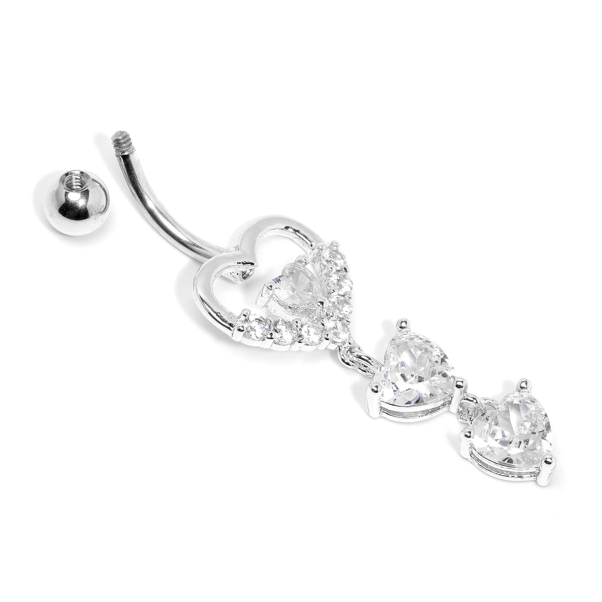 Clear CZ Gem Opulent Heart Quartet Dangle Belly Ring