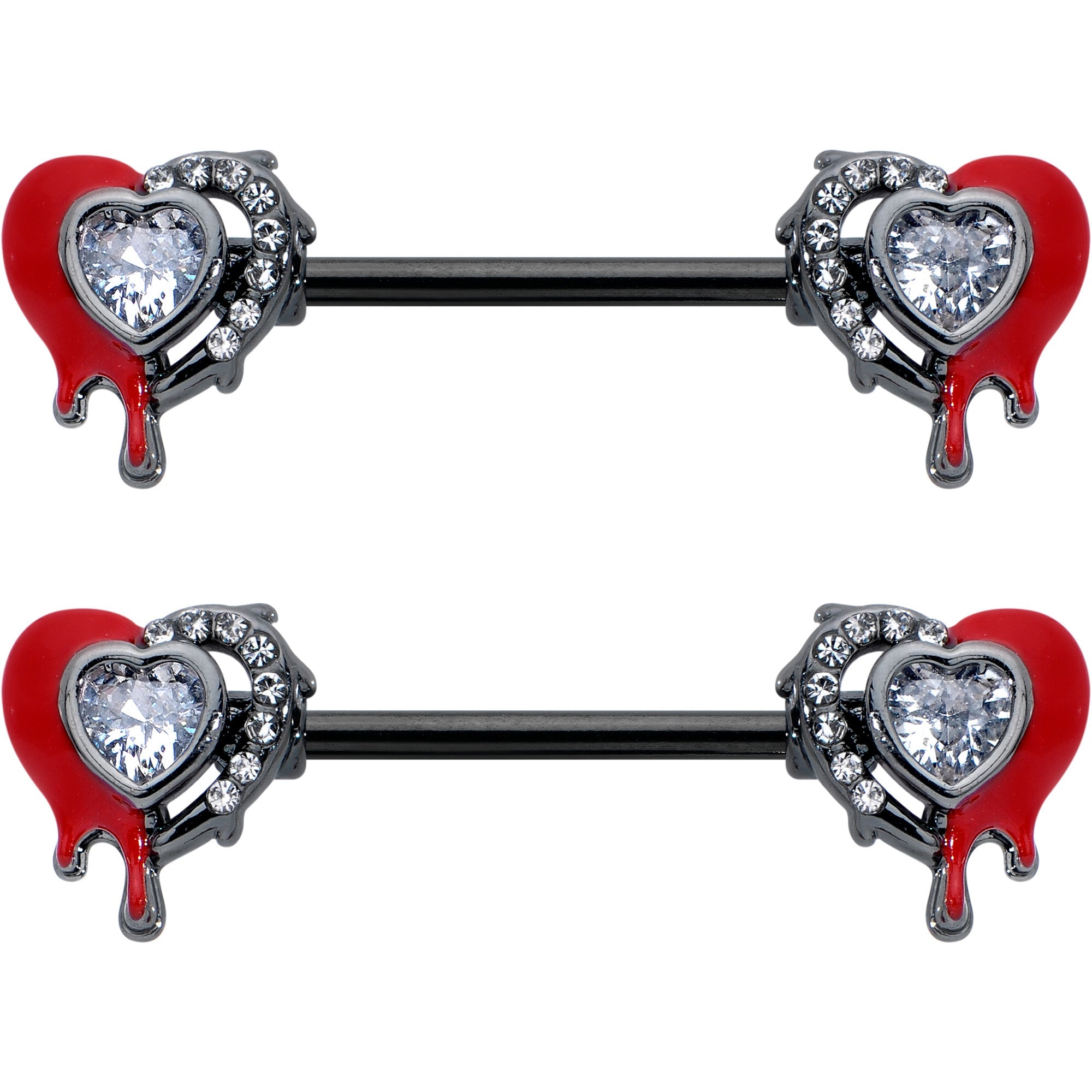 14G 9/16 Clear Gem Black Bleeding Heart Barbell Nipple Ring Set