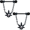 14G 9/16 Red Gem Black Pot Leaf Skull Chain Dangle Nipple Ring Set