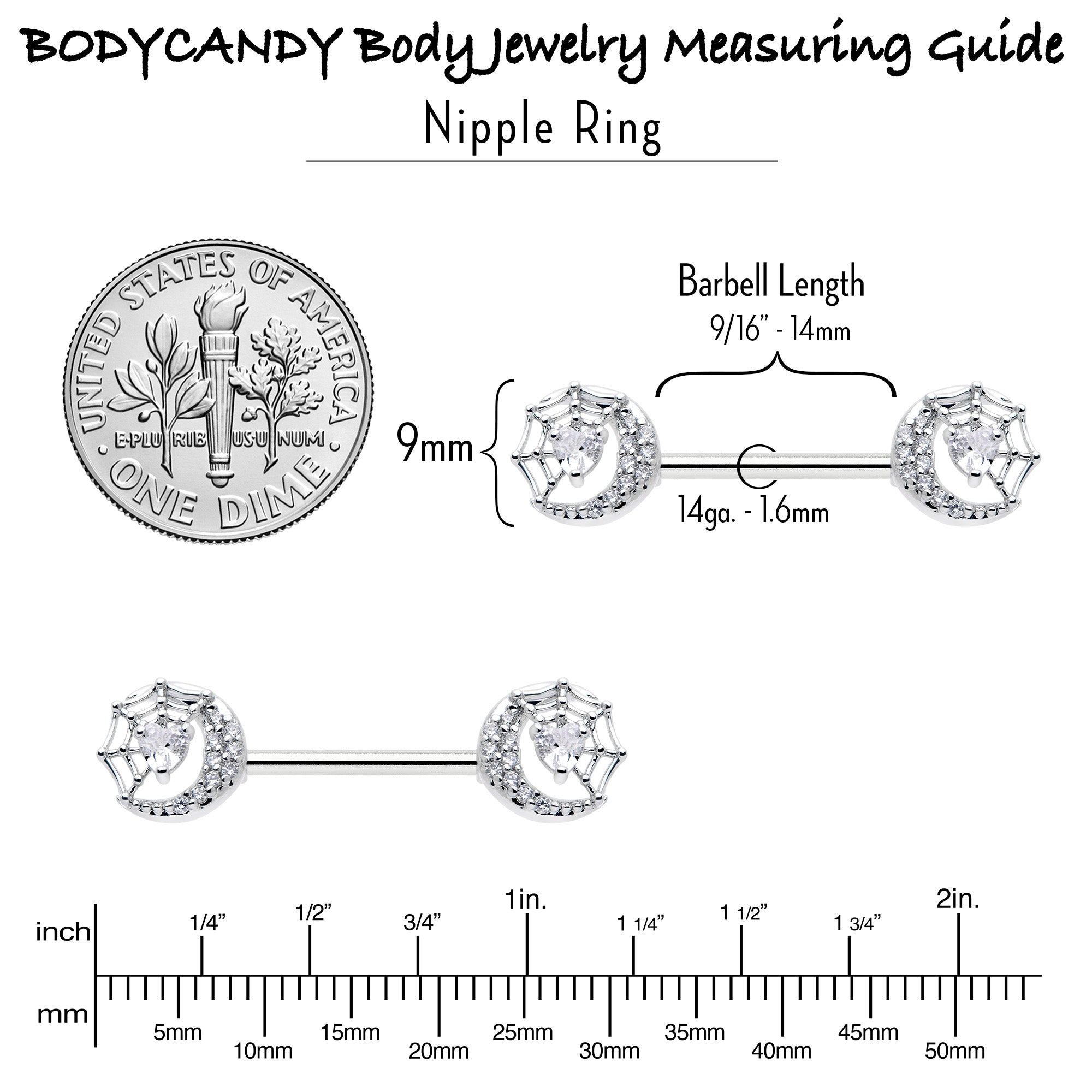 14G 9/16 Clear CZ Gem Heart Web Moon Barbell Nipple Ring Set