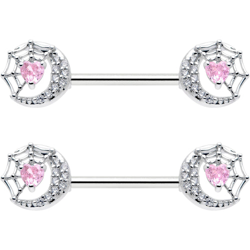 14G 9/16 Pink CZ Gem Heart Web Moon Barbell Nipple Ring Set
