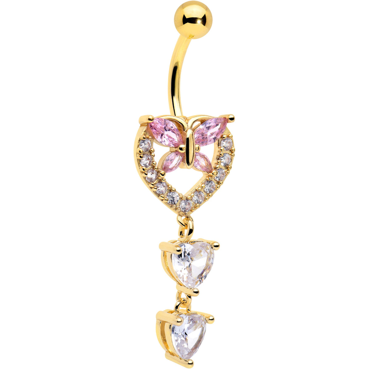 Clear Pink CZ Gem Gold Tone Heart Butterfly Double Dangle Belly Ring