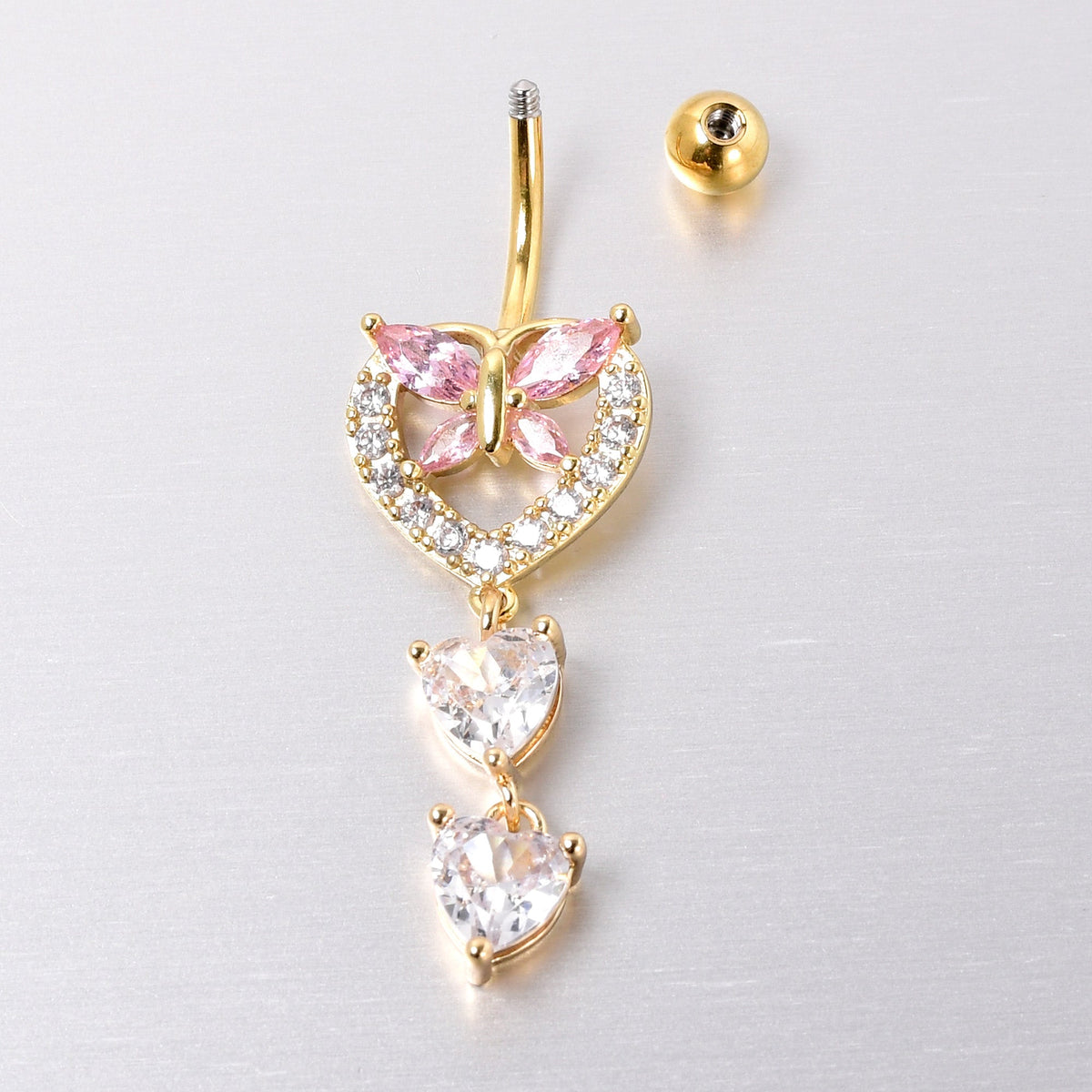 Clear Pink CZ Gem Gold Tone Heart Butterfly Double Dangle Belly Ring