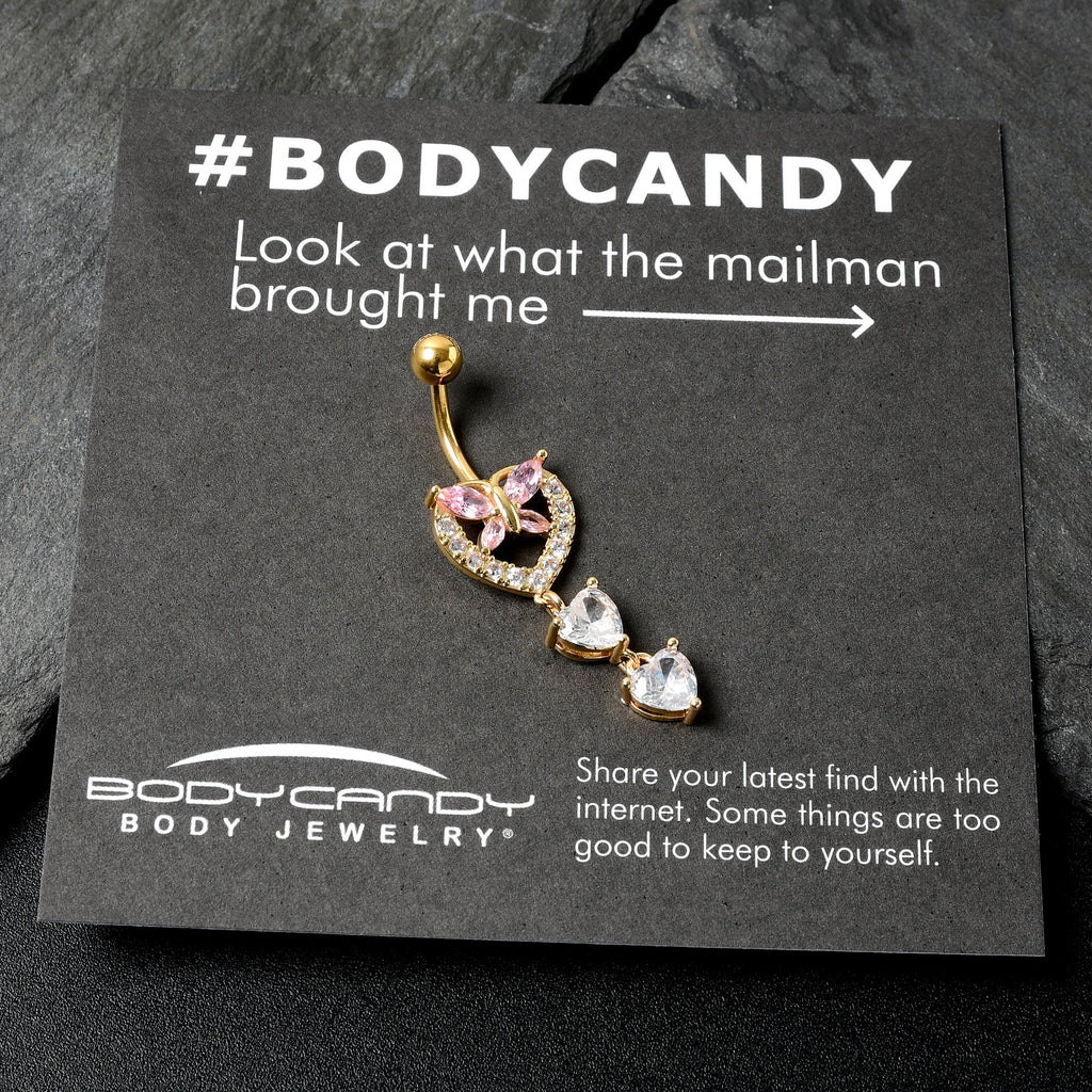 Clear Pink CZ Gem Gold Tone Heart Butterfly Double Dangle Belly Ring