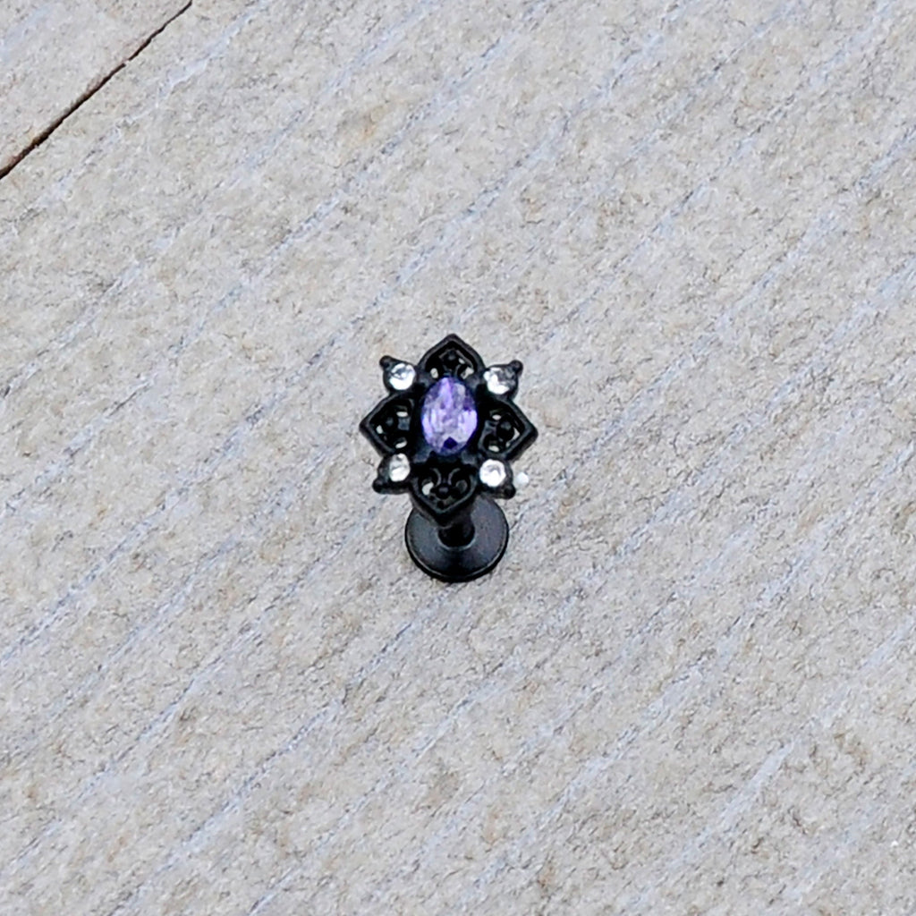 16G 5/16 Purple Gem Black Scrolling Hearts Labret Monroe Tragus