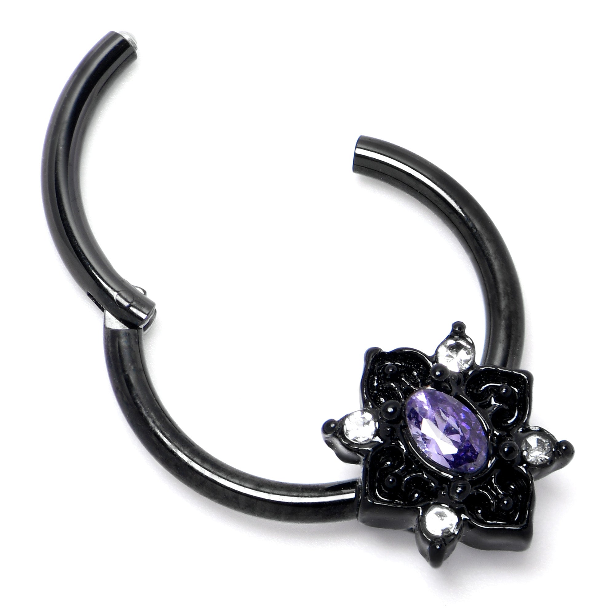 16G 3/8 Purple Gem Black Scrolling Hearts Hinged Segment Ring