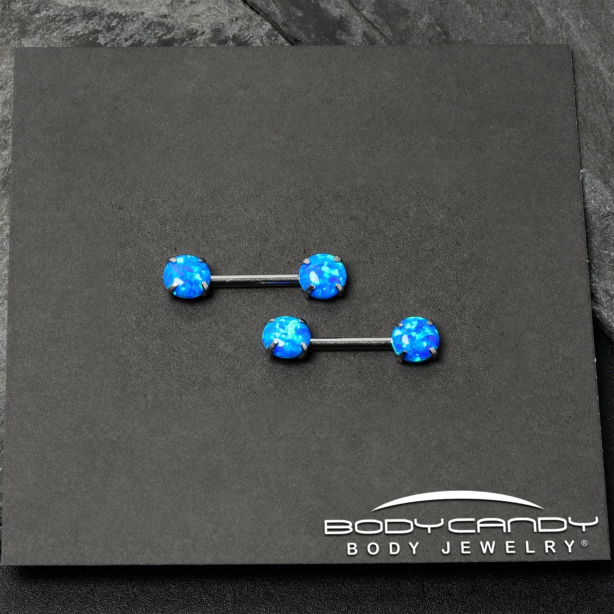 14G 1/2 Blue Synthetic Opal Threadless Barbell Nipple Ring Set